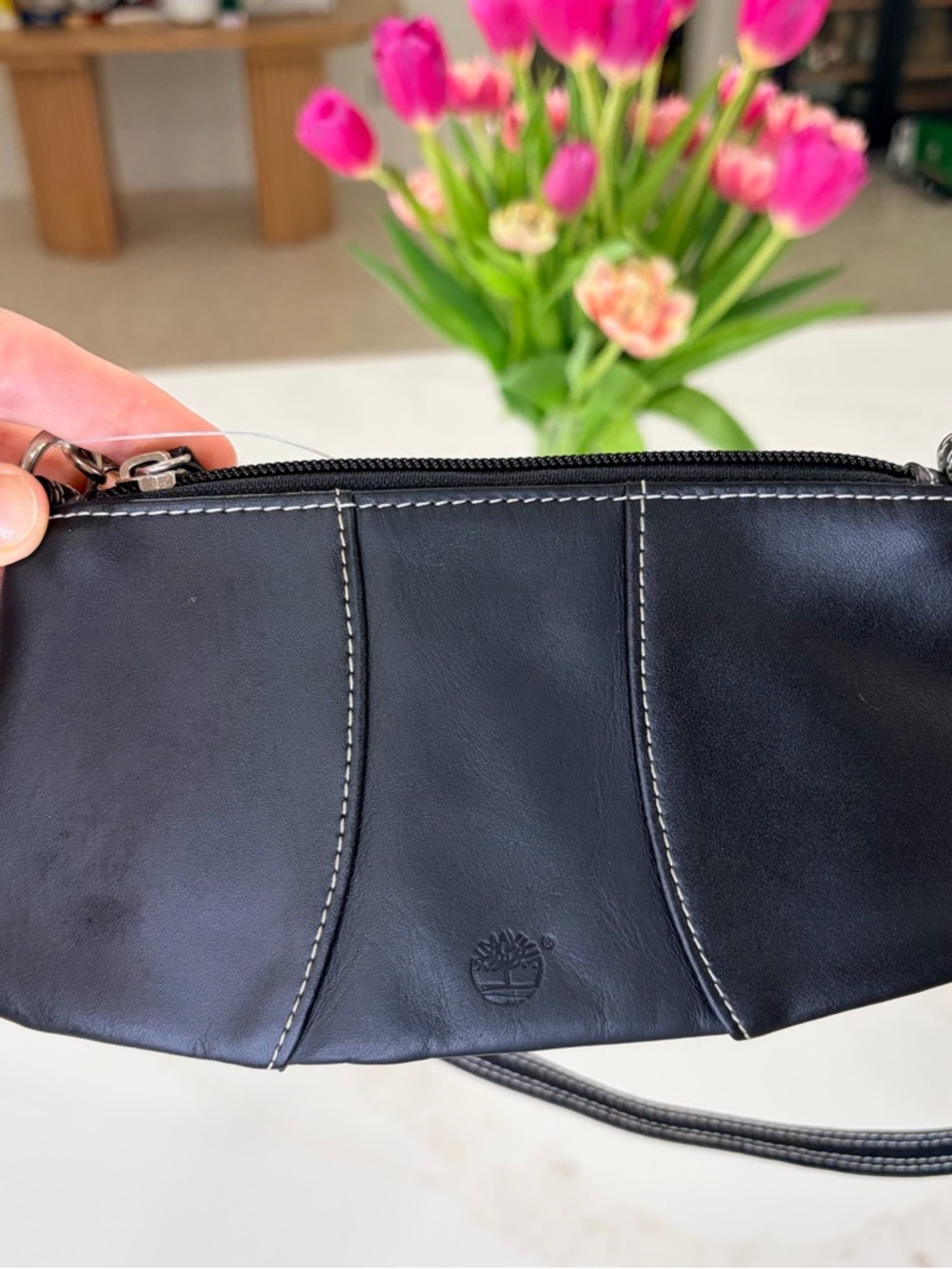 Timberland Black Leather Wristlet Clutch with Contrast Stitching